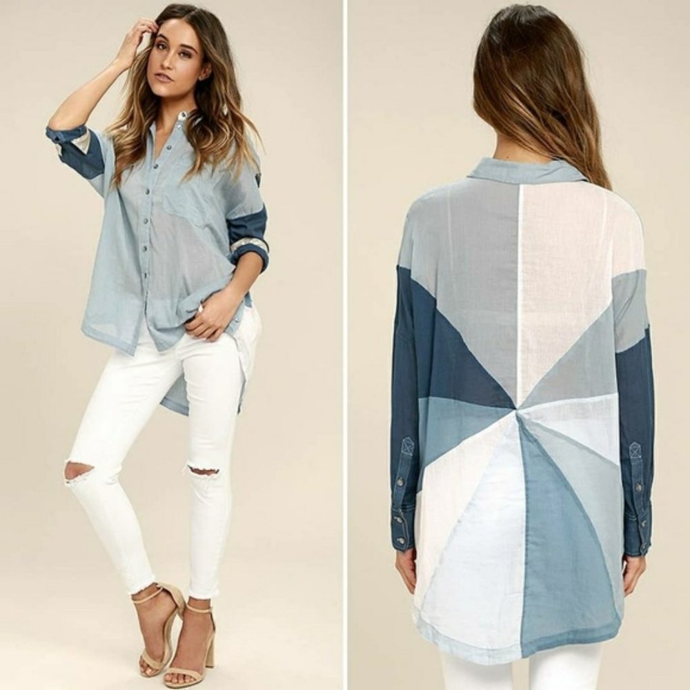 Free People Rainbow Rays Blue Button-Up Top SMALL